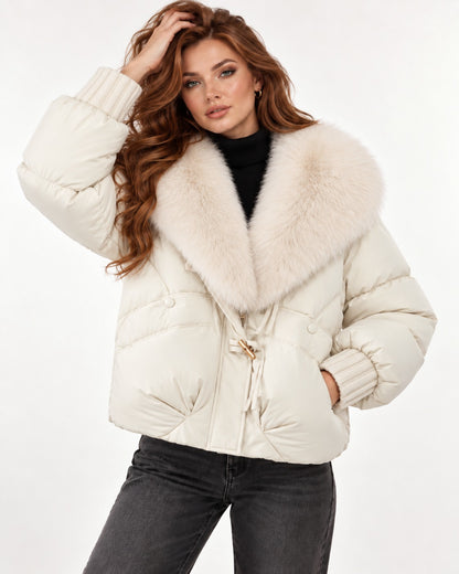 Celine Puffer in White – hand in hair | SKU: SOR-CEL-WHITE-XS,SOR-CEL-WHITE-S,SOR-CEL-WHITE-M,SOR-CEL-WHITE-L,SOR-CEL-WHITE-XL
