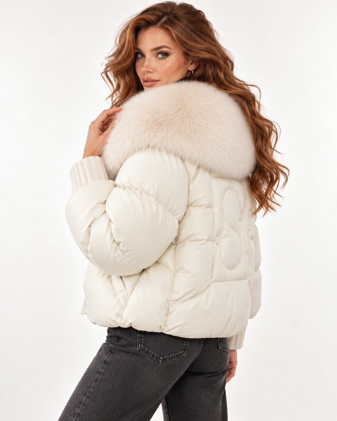 Celine Puffer in White – over the shoulder | SKU: SOR-CEL-WHITE-XS,SOR-CEL-WHITE-S,SOR-CEL-WHITE-M,SOR-CEL-WHITE-L,SOR-CEL-WHITE-XL