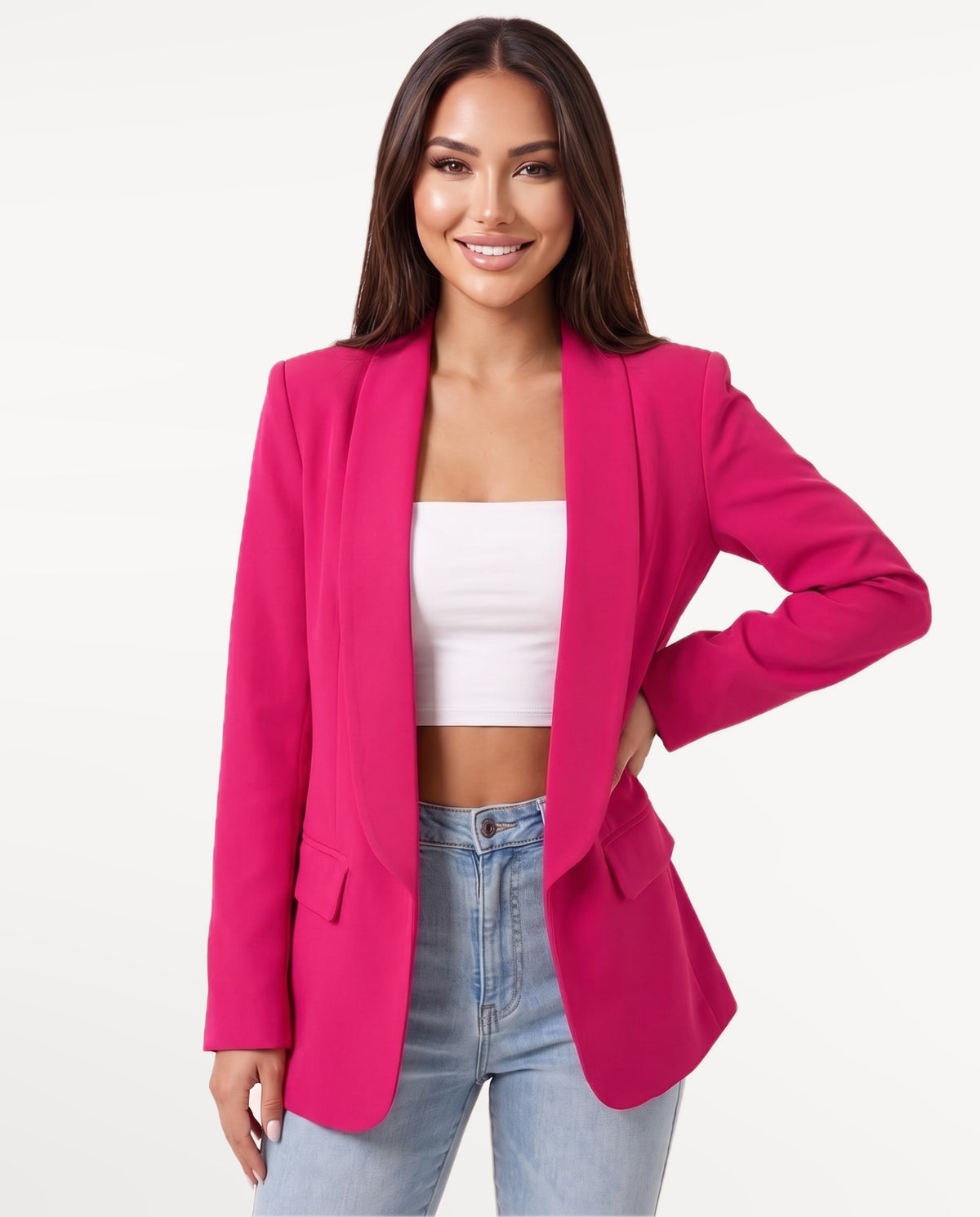 Chandelle Blazer in Rose Red – emotional pose