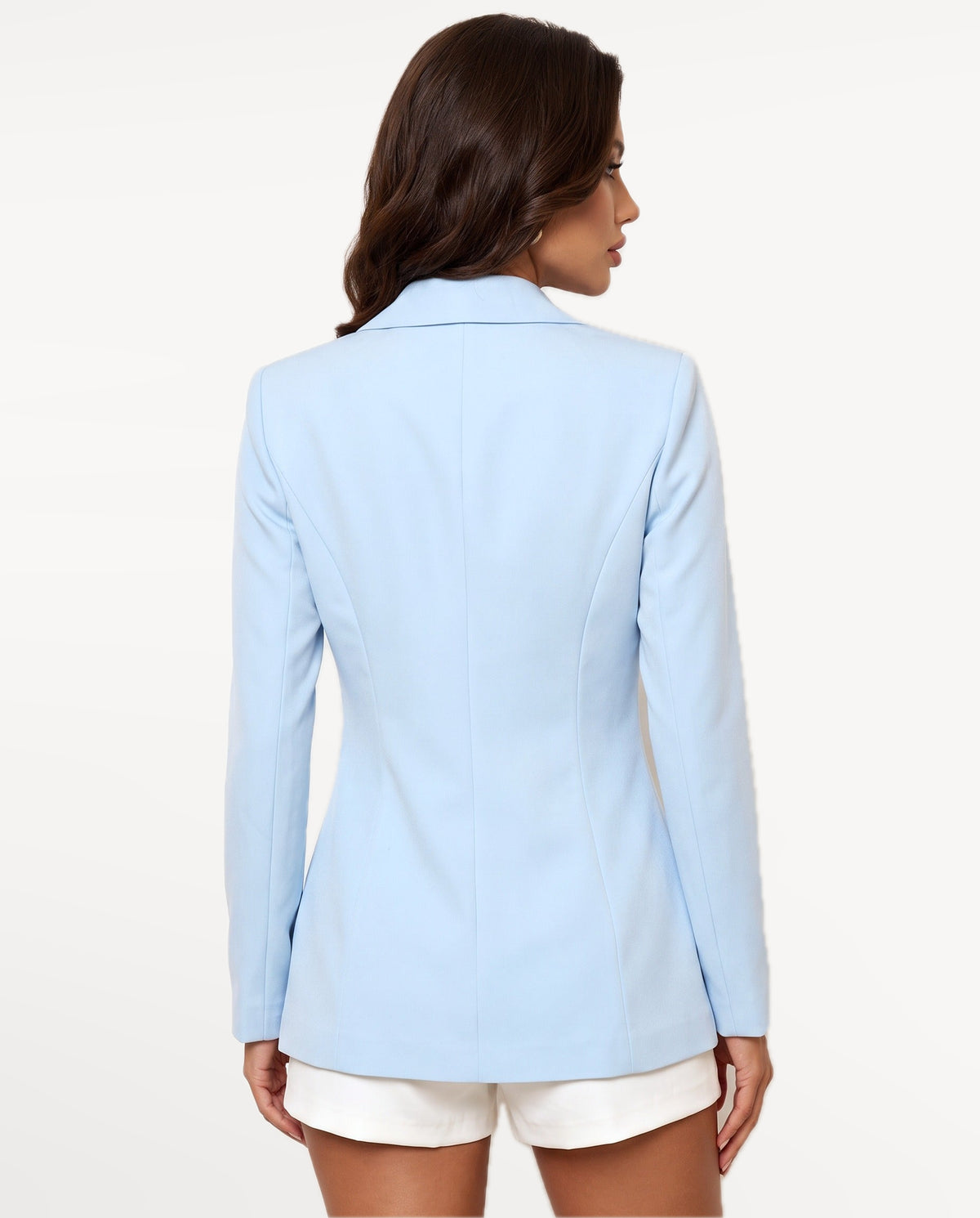 Clara Fitted Blazer in Light Blue – back view | SKU: SOR-CLA-LIGHTBLUE-XS,SOR-CLA-LIGHTBLUE-S,SOR-CLA-LIGHTBLUE-M,SOR-CLA-LIGHTBLUE-L,SOR-CLA-LIGHTBLUE-XL
