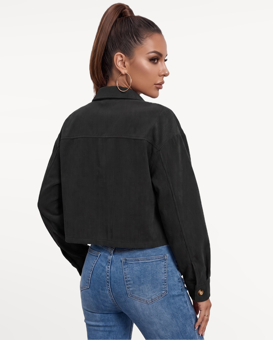 Cleo Corduroy Jacket in Black – back view | SKU: SOR-CLEO-BLK-XS,SOR-CLEO-BLK-S,SOR-CLEO-BLK-M,SOR-CLEO-BLK-L,SOR-CLEO-BLK-XL