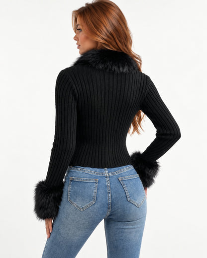 Cypressa Fur Cardigan in Black – back view | SKU: SOR-CYP-BLACK-XS,SOR-CYP-BLACK-S,SOR-CYP-BLACK-M,SOR-CYP-BLACK-L,SOR-CYP-BLACK-XL