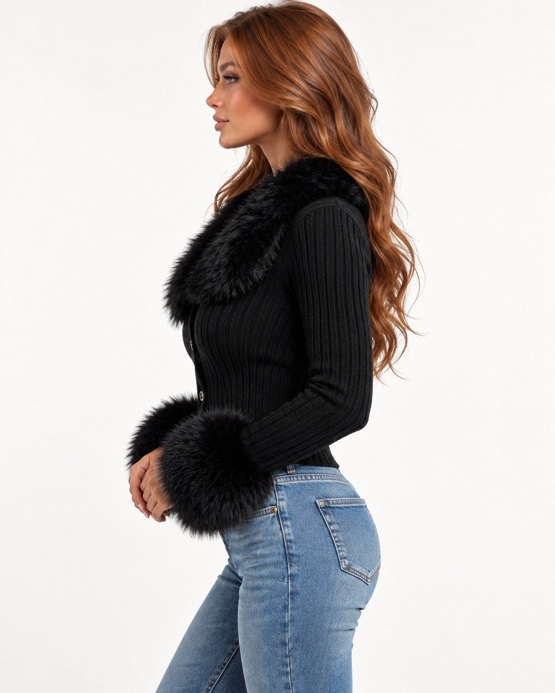 Cypressa Fur Cardigan in Black – left side view | SKU: SOR-CYP-BLACK-XS,SOR-CYP-BLACK-S,SOR-CYP-BLACK-M,SOR-CYP-BLACK-L,SOR-CYP-BLACK-XL