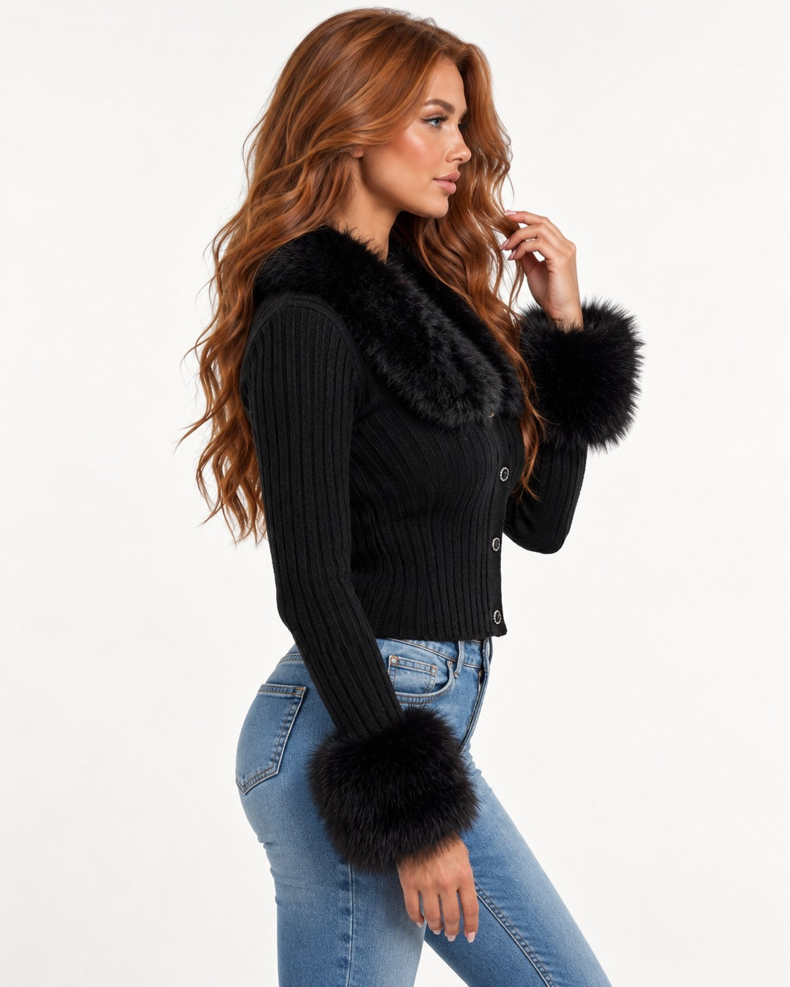 Cypressa Fur Cardigan in Black – right side view | SKU: SOR-CYP-BLACK-XS,SOR-CYP-BLACK-S,SOR-CYP-BLACK-M,SOR-CYP-BLACK-L,SOR-CYP-BLACK-XL