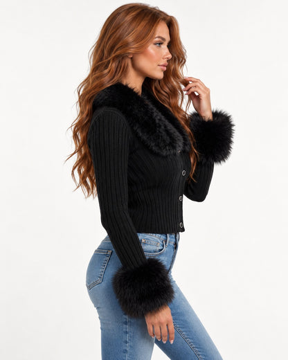 Cypressa Fur Cardigan in Black – right side view | SKU: SOR-CYP-BLACK-XS,SOR-CYP-BLACK-S,SOR-CYP-BLACK-M,SOR-CYP-BLACK-L,SOR-CYP-BLACK-XL