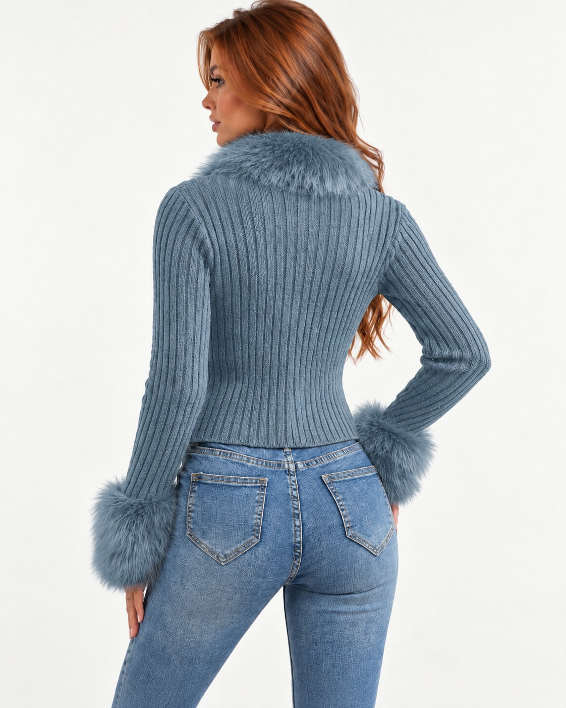 Cypressa Fur Cardigan in Peacock Blue – back view | SKU: SOR-CYP-PEACOCKBLUE-XS,SOR-CYP-PEACOCKBLUE-S,SOR-CYP-PEACOCKBLUE-M,SOR-CYP-PEACOCKBLUE-L,SOR-CYP-PEACOCKBLUE-XL
