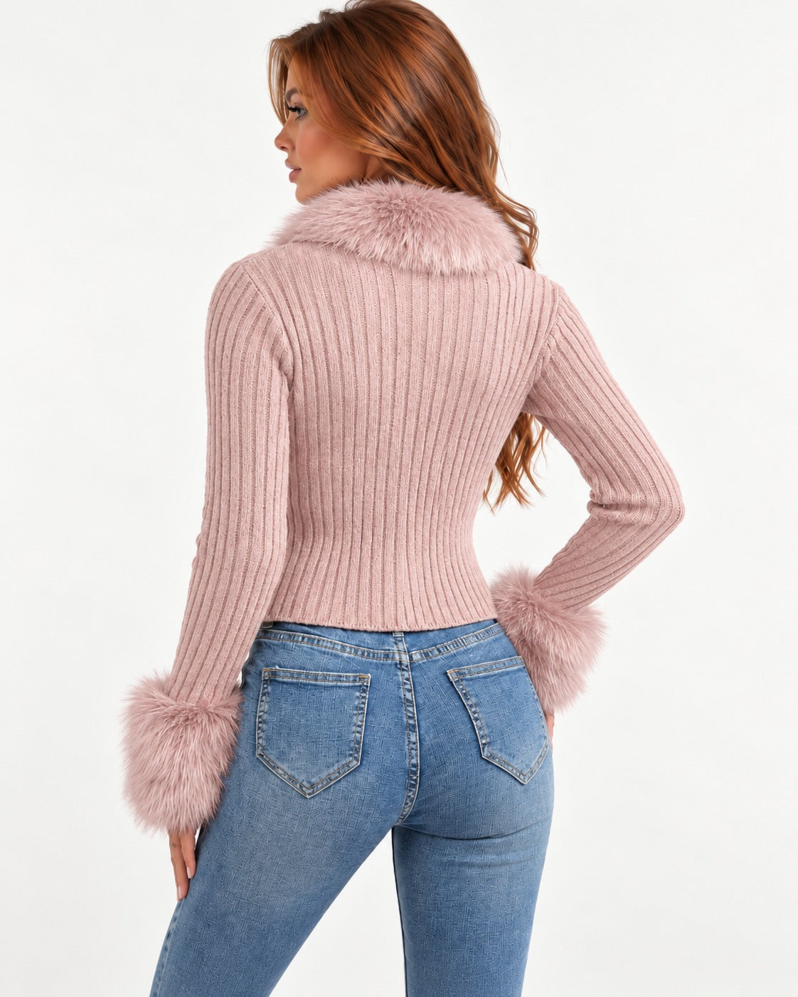 Cypressa Fur Cardigan in Pink – back view | SKU: SOR-CYP-PINK-XS,SOR-CYP-PINK-S,SOR-CYP-PINK-M,SOR-CYP-PINK-L,SOR-CYP-PINK-XL