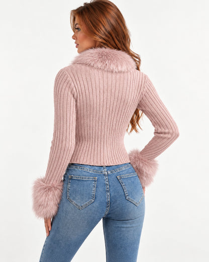 Cypressa Fur Cardigan in Pink – back view | SKU: SOR-CYP-PINK-XS,SOR-CYP-PINK-S,SOR-CYP-PINK-M,SOR-CYP-PINK-L,SOR-CYP-PINK-XL