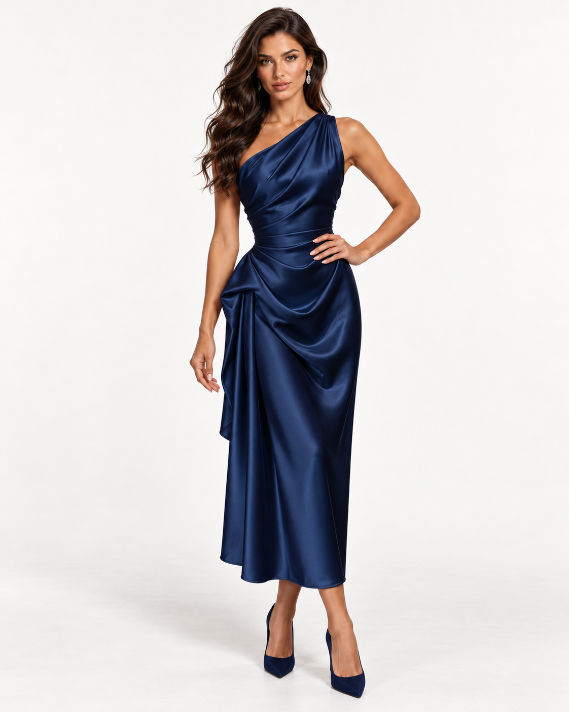 Draped Satin Dress in Navy - front view