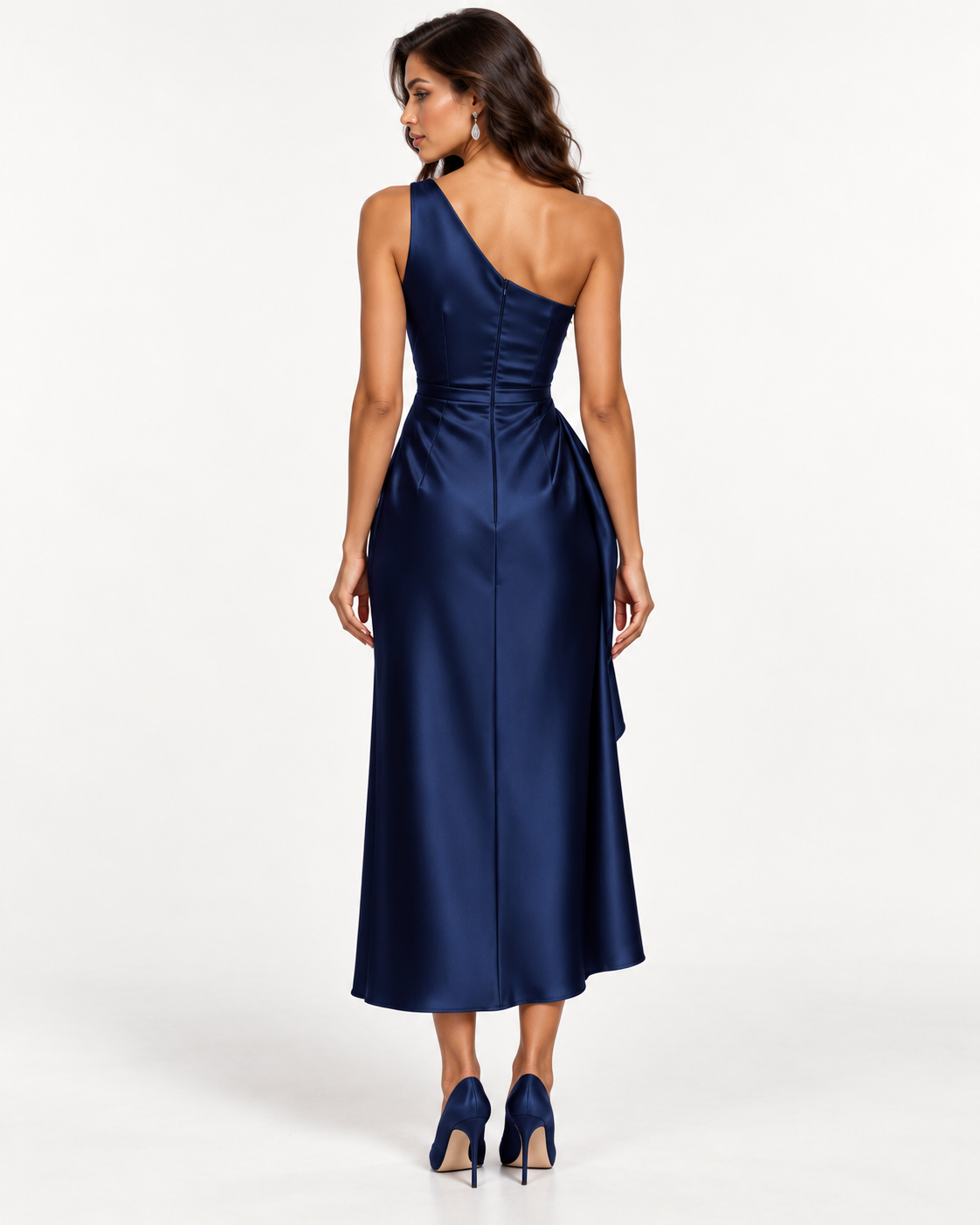 Draped Satin Dress in Navy - back view