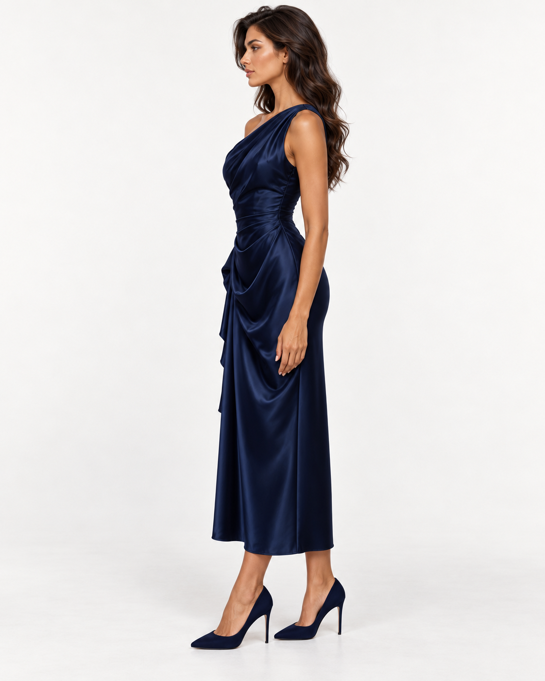 Draped Satin Dress in Navy - left side view