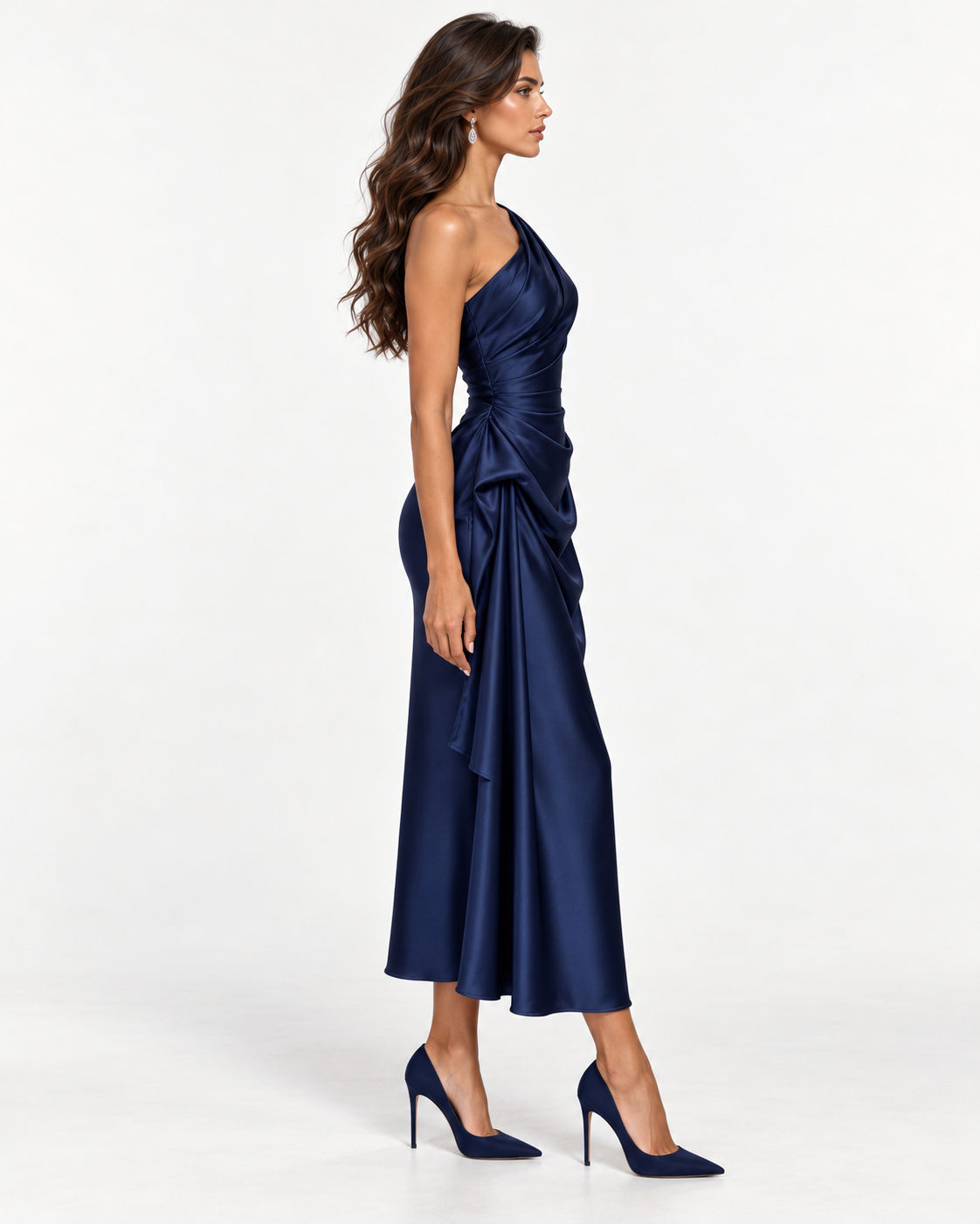 Draped Satin Dress in Navy - right side view