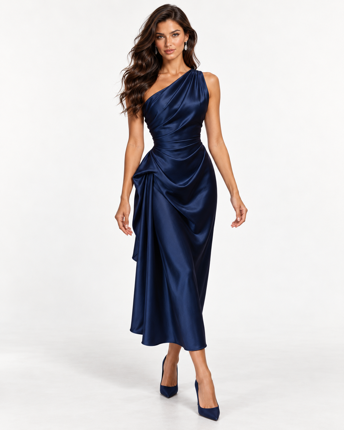 Draped Satin Dress in Navy - walking pose