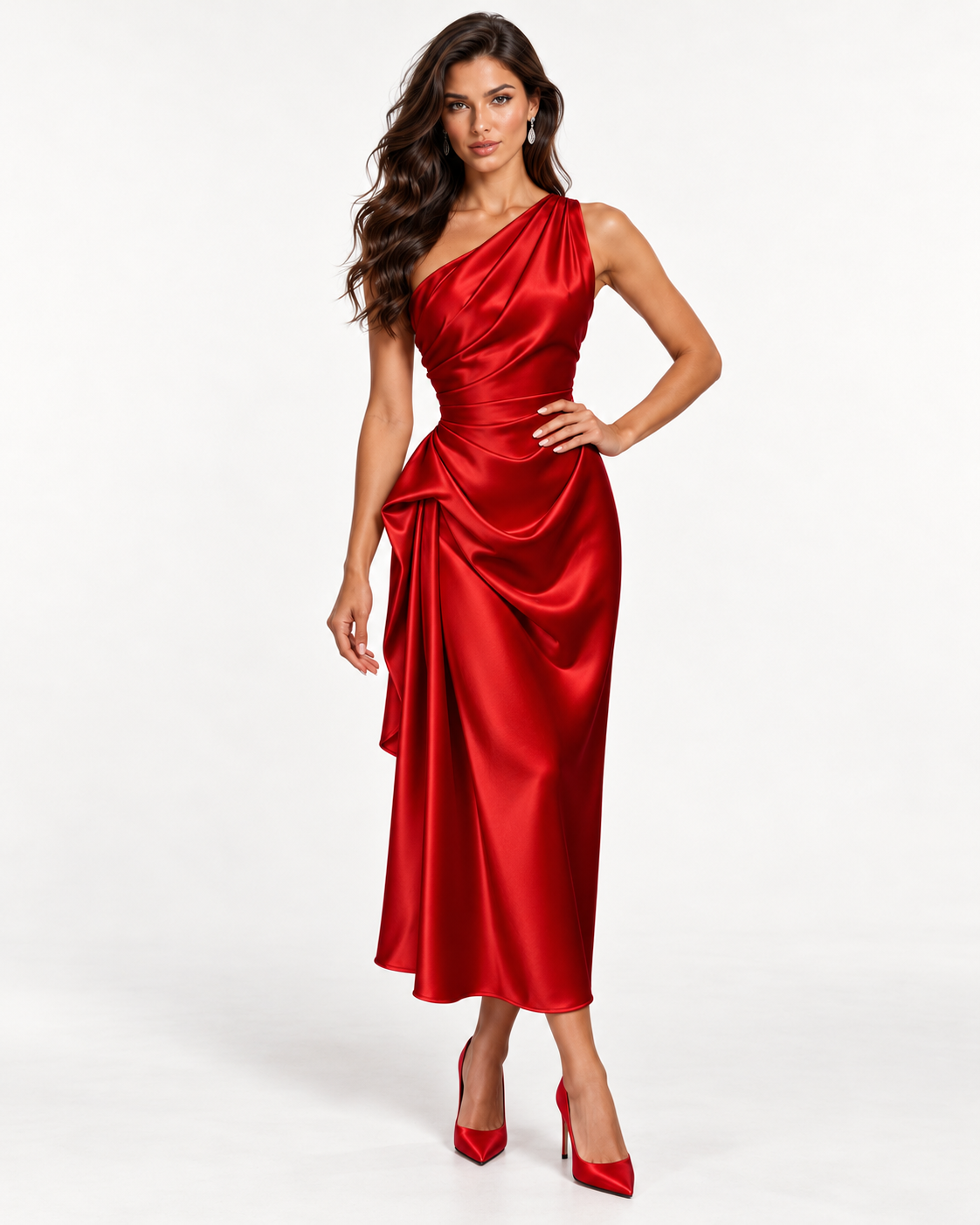 Draped Satin Dress in Red - front view