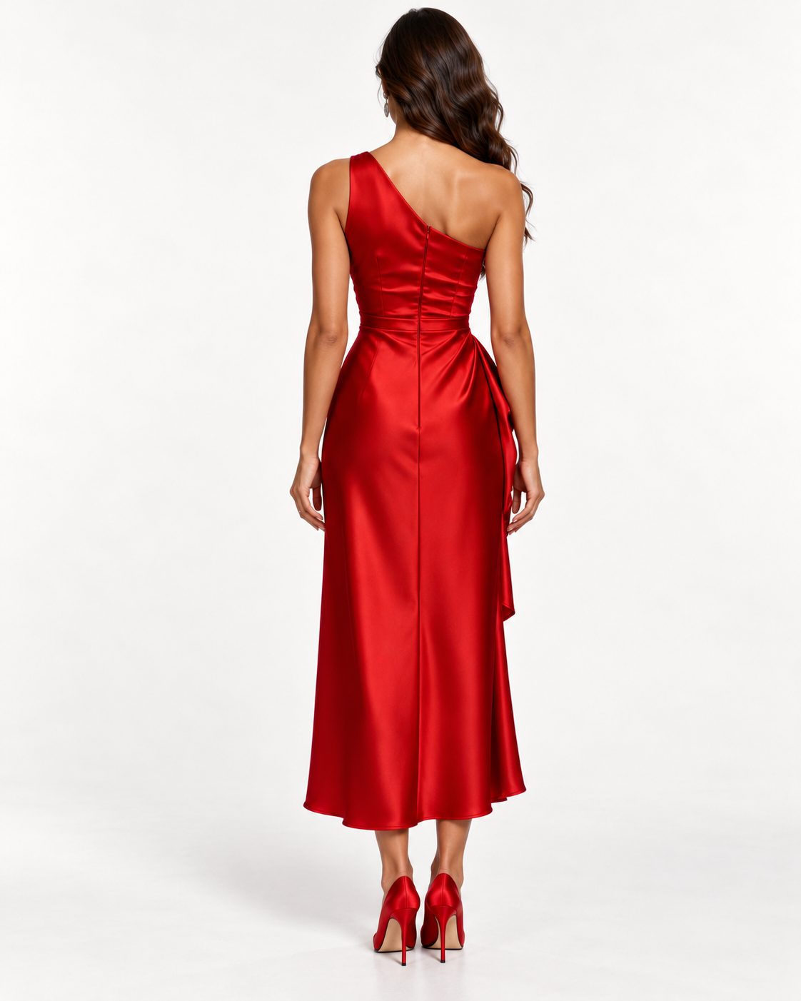 Draped Satin Dress in Red - back view