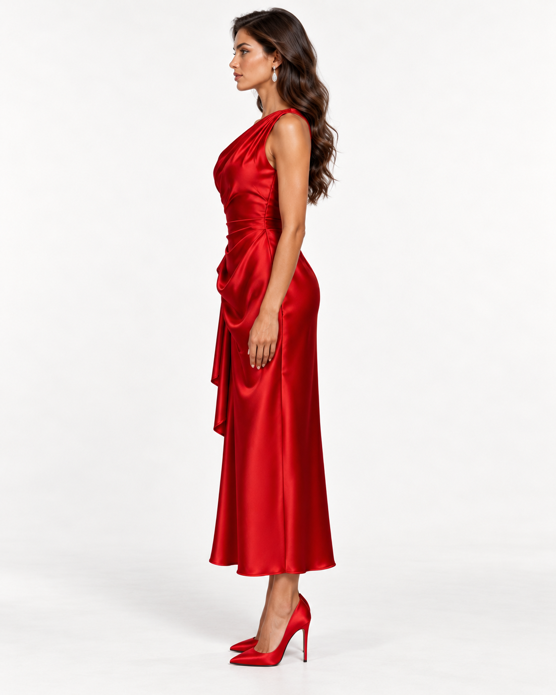 Draped Satin Dress in Red - left side view