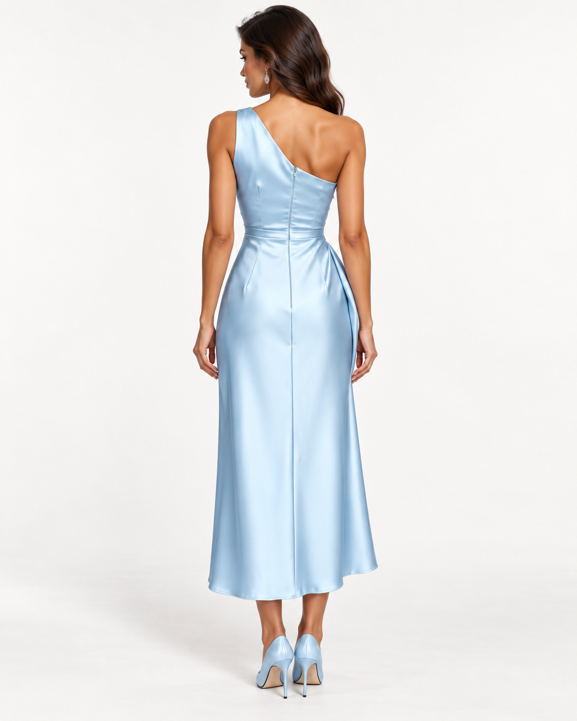 Draped Satin Dress in Sky Blue - back view
