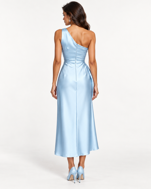 Draped Satin Dress in Sky Blue - back view