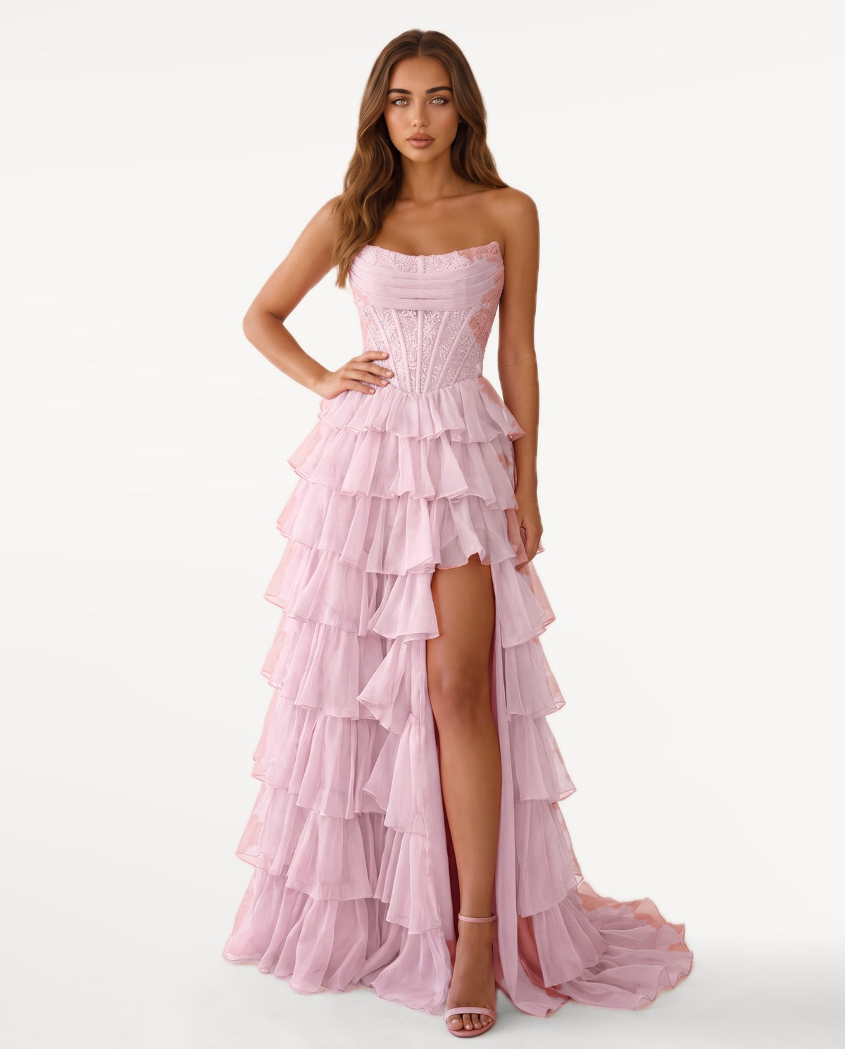 Elara Maxi Dress in Light Pink – emotional pose | SKU: SOR-ELARA-LPK-XS,SOR-ELARA-LPK-S,SOR-ELARA-LPK-M,SOR-ELARA-LPK-L,SOR-ELARA-LPK-XL