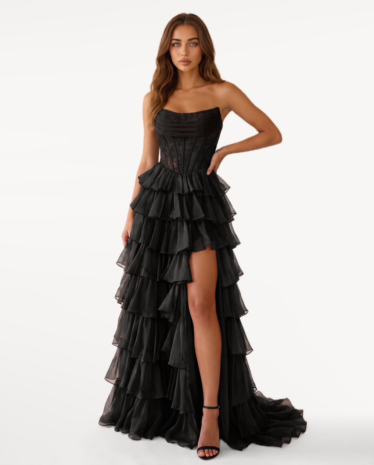 Elara Maxi Dress in Black – emotional pose | SKU: SOR-ELARA-BLK-XS,SOR-ELARA-BLK-S,SOR-ELARA-BLK-M,SOR-ELARA-BLK-L,SOR-ELARA-BLK-XL