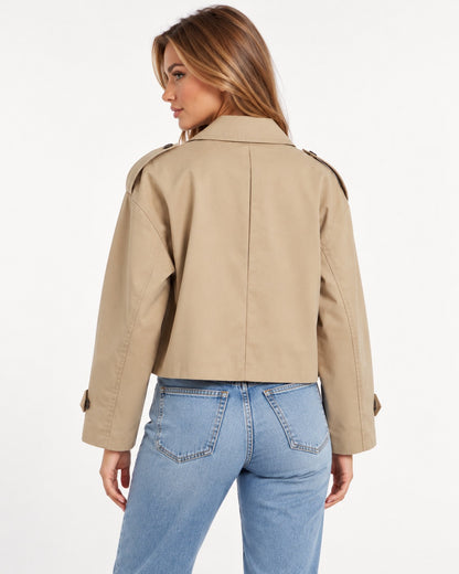 Elise Trench Jacket in Khaki – back view | SKU: SOR-ELI-KHAKI-XS,SOR-ELI-KHAKI-S,SOR-ELI-KHAKI-M,SOR-ELI-KHAKI-L,SOR-ELI-KHAKI-XL