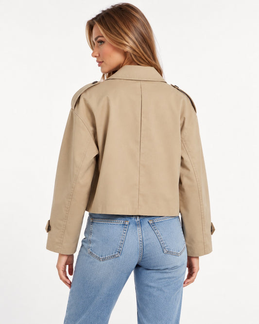 Elise Trench Jacket in Khaki – back view | SKU: SOR-ELI-KHAKI-XS,SOR-ELI-KHAKI-S,SOR-ELI-KHAKI-M,SOR-ELI-KHAKI-L,SOR-ELI-KHAKI-XL