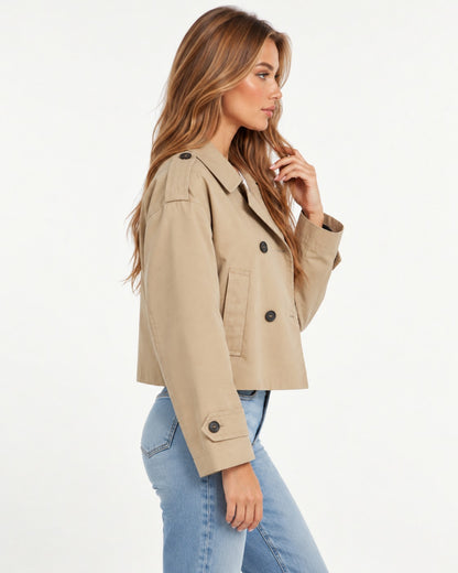 Elise Trench Jacket in Khaki – right side view | SKU: SOR-ELI-KHAKI-XS,SOR-ELI-KHAKI-S,SOR-ELI-KHAKI-M,SOR-ELI-KHAKI-L,SOR-ELI-KHAKI-XL