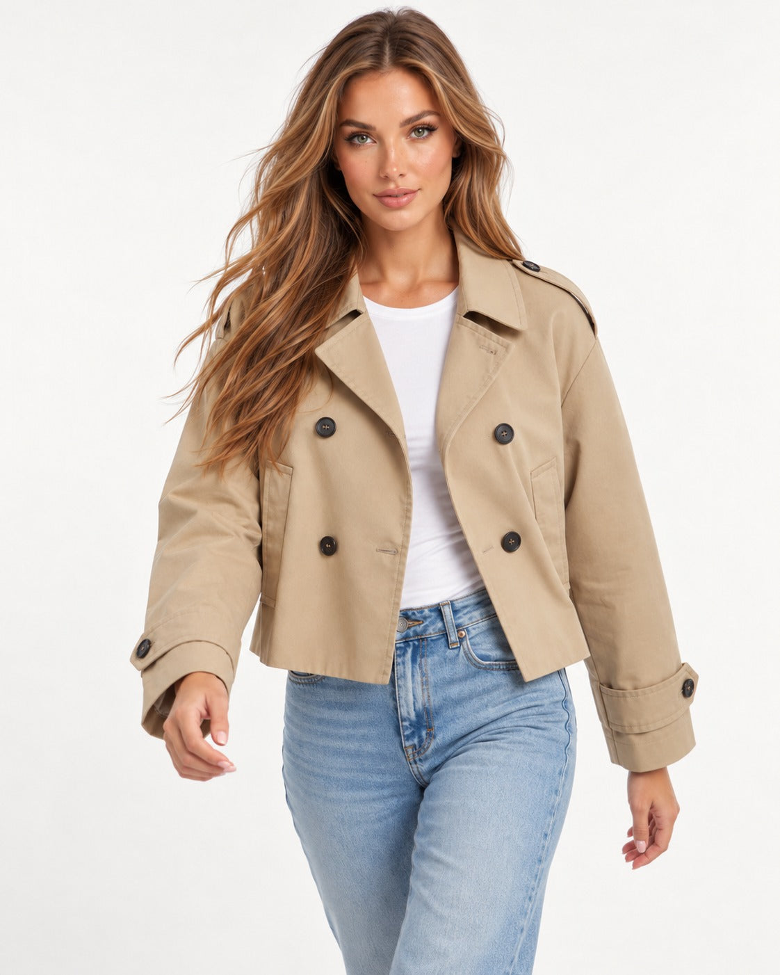 Elise Trench Jacket in Khaki – walking | SKU: SOR-ELI-KHAKI-XS,SOR-ELI-KHAKI-S,SOR-ELI-KHAKI-M,SOR-ELI-KHAKI-L,SOR-ELI-KHAKI-XL