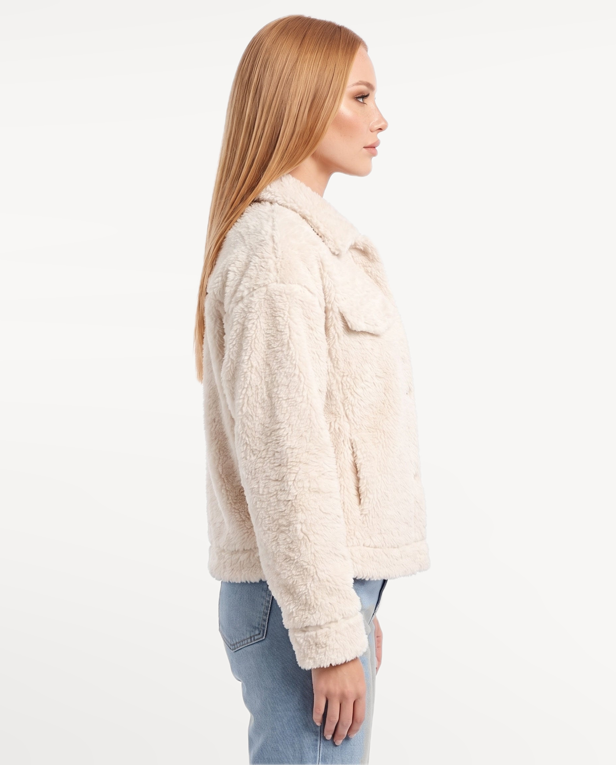 Ellie Teddy Jacket in White – side view, right | SKU: SOR-ELLIE-WHT-XS,SOR-ELLIE-WHT-S,SOR-ELLIE-WHT-M,SOR-ELLIE-WHT-L,SOR-ELLIE-WHT-XL