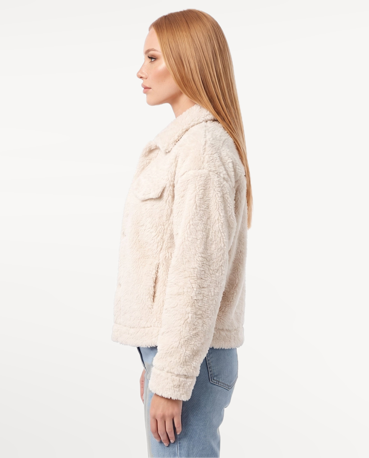 Ellie Teddy Jacket in White – side view, left | SKU: SOR-ELLIE-WHT-XS,SOR-ELLIE-WHT-S,SOR-ELLIE-WHT-M,SOR-ELLIE-WHT-L,SOR-ELLIE-WHT-XL