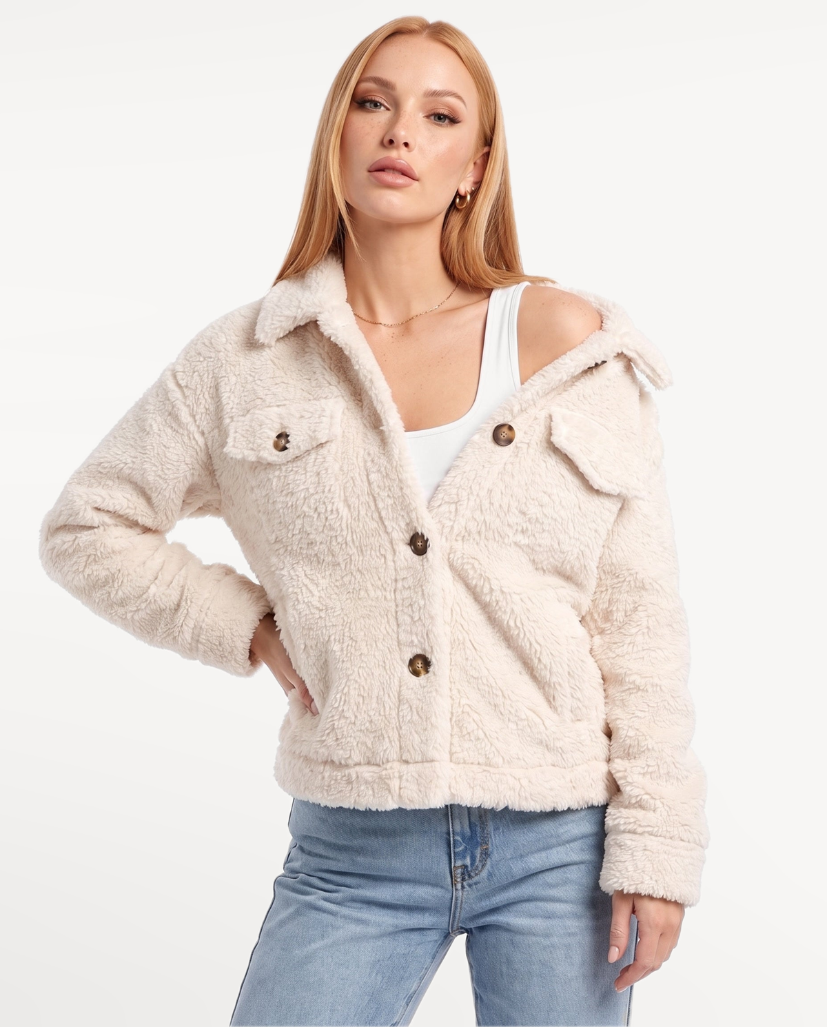 Ellie Teddy Jacket in White – off the shoulder | SKU: SOR-ELLIE-WHT-XS,SOR-ELLIE-WHT-S,SOR-ELLIE-WHT-M,SOR-ELLIE-WHT-L,SOR-ELLIE-WHT-XL