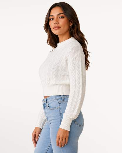 Elowen Knit Sweater in White – view 3 | SKU: EKS-594281736405817-WHITE-XS,EKS-594281736405817-WHITE-S,EKS-594281736405817-WHITE-M,EKS-594281736405817-WHITE-L,EKS-594281736405817-WHITE-XL
