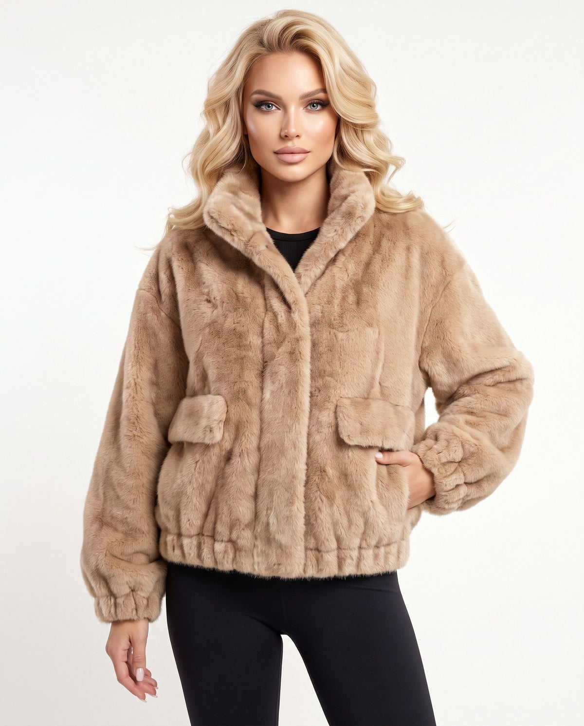 Elsa Fur Jacket in Beige – front view