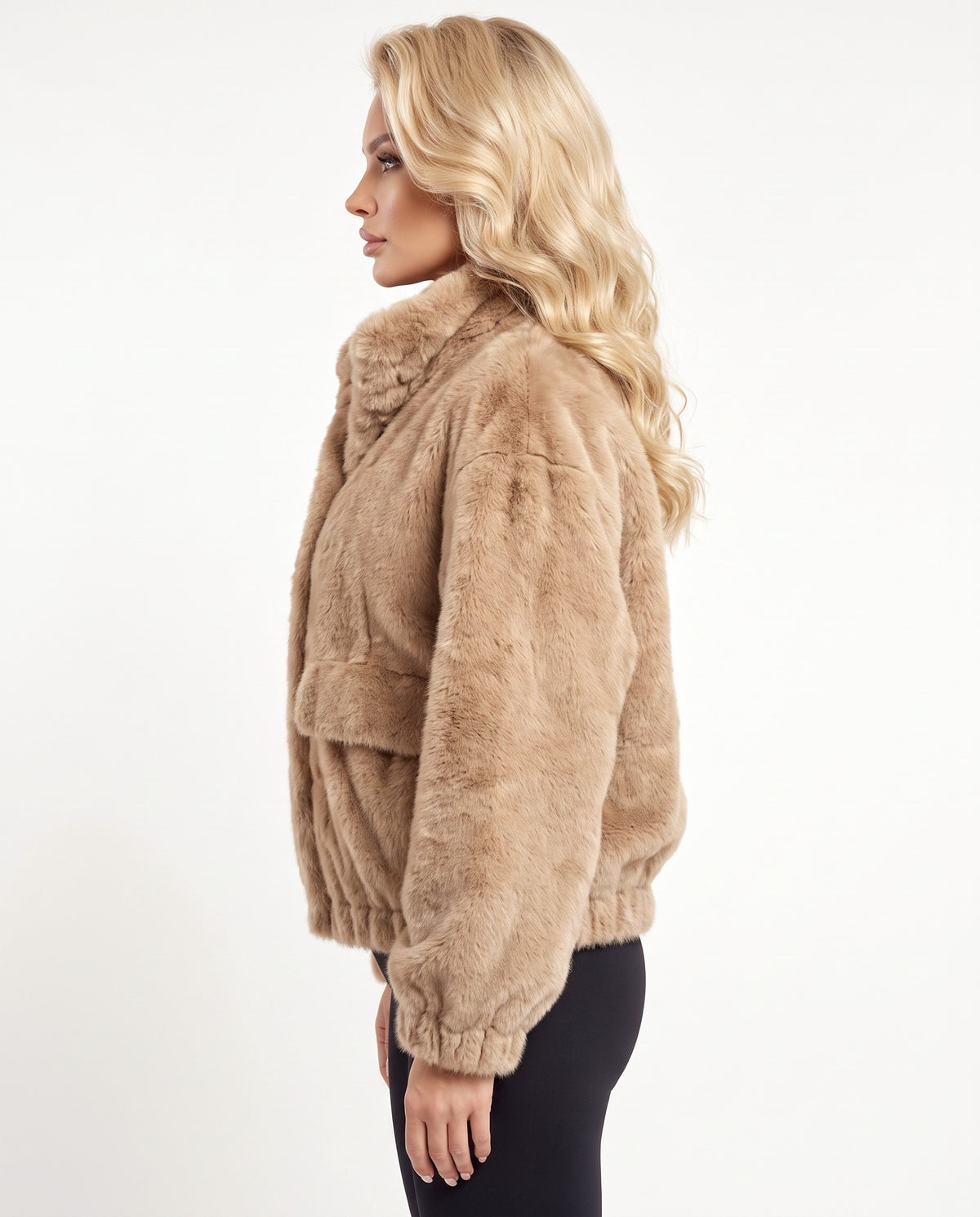 Elsa Fur Jacket in Beige – left side view | SKU: SOR-ELS-BEIGE-XS,SOR-ELS-BEIGE-S,SOR-ELS-BEIGE-M,SOR-ELS-BEIGE-L,SOR-ELS-BEIGE-XL