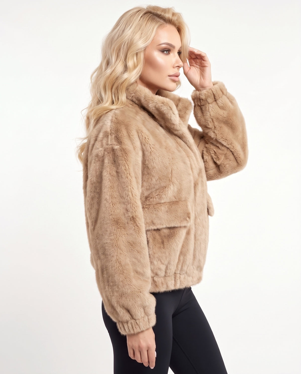 Elsa Fur Jacket in Beige – right side view | SKU: SOR-ELS-BEIGE-XS,SOR-ELS-BEIGE-S,SOR-ELS-BEIGE-M,SOR-ELS-BEIGE-L,SOR-ELS-BEIGE-XL
