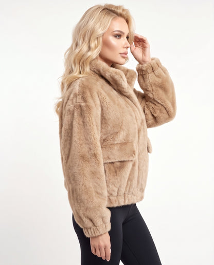 Elsa Fur Jacket in Beige – right side view | SKU: SOR-ELS-BEIGE-XS,SOR-ELS-BEIGE-S,SOR-ELS-BEIGE-M,SOR-ELS-BEIGE-L,SOR-ELS-BEIGE-XL