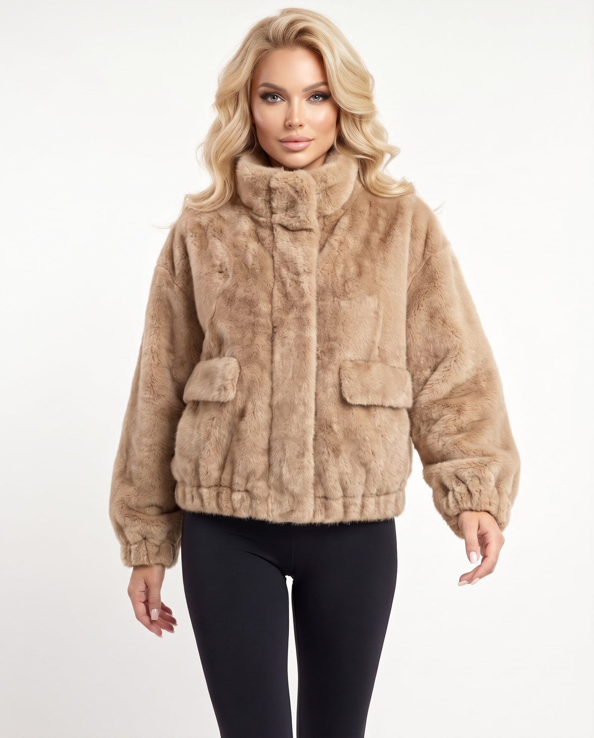 Elsa Fur Jacket in Beige – walking | SKU: SOR-ELS-BEIGE-XS,SOR-ELS-BEIGE-S,SOR-ELS-BEIGE-M,SOR-ELS-BEIGE-L,SOR-ELS-BEIGE-XL