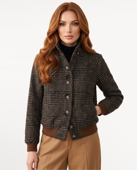 Hazel Check Bomber in Brown – front view