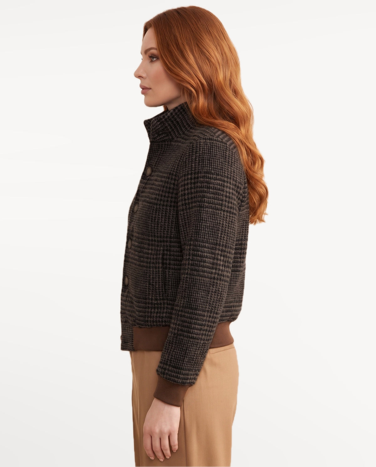 Hazel Check Bomber in Brown – left side view | SKU: SOR-HAZ-BROWN-XS,SOR-HAZ-BROWN-S,SOR-HAZ-BROWN-M,SOR-HAZ-BROWN-L,SOR-HAZ-BROWN-XL