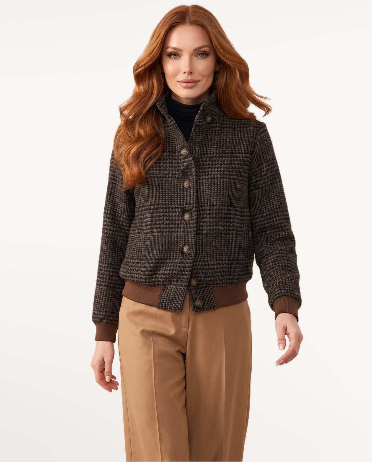 Hazel Check Bomber in Brown – walking | SKU: SOR-HAZ-BROWN-XS,SOR-HAZ-BROWN-S,SOR-HAZ-BROWN-M,SOR-HAZ-BROWN-L,SOR-HAZ-BROWN-XL