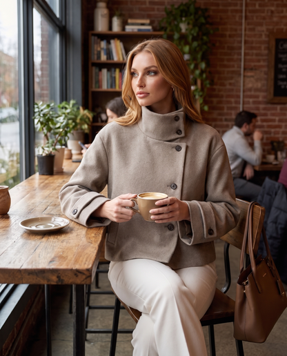 Valerienne Jacket in Light Khaki – lifestyle | SKU: SOR-VAL-COAT-LKH-XS,SOR-VAL-COAT-LKH-S,SOR-VAL-COAT-LKH-M,SOR-VAL-COAT-LKH-L,SOR-VAL-COAT-LKH-XL