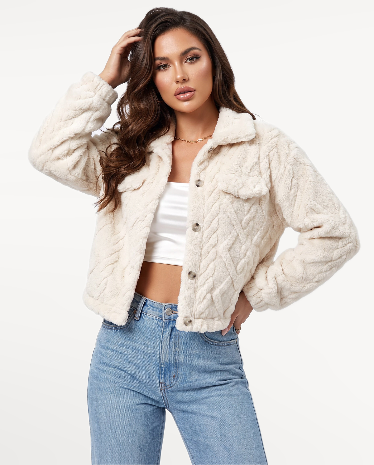 Ivy Plush Jacket in Beige – front view