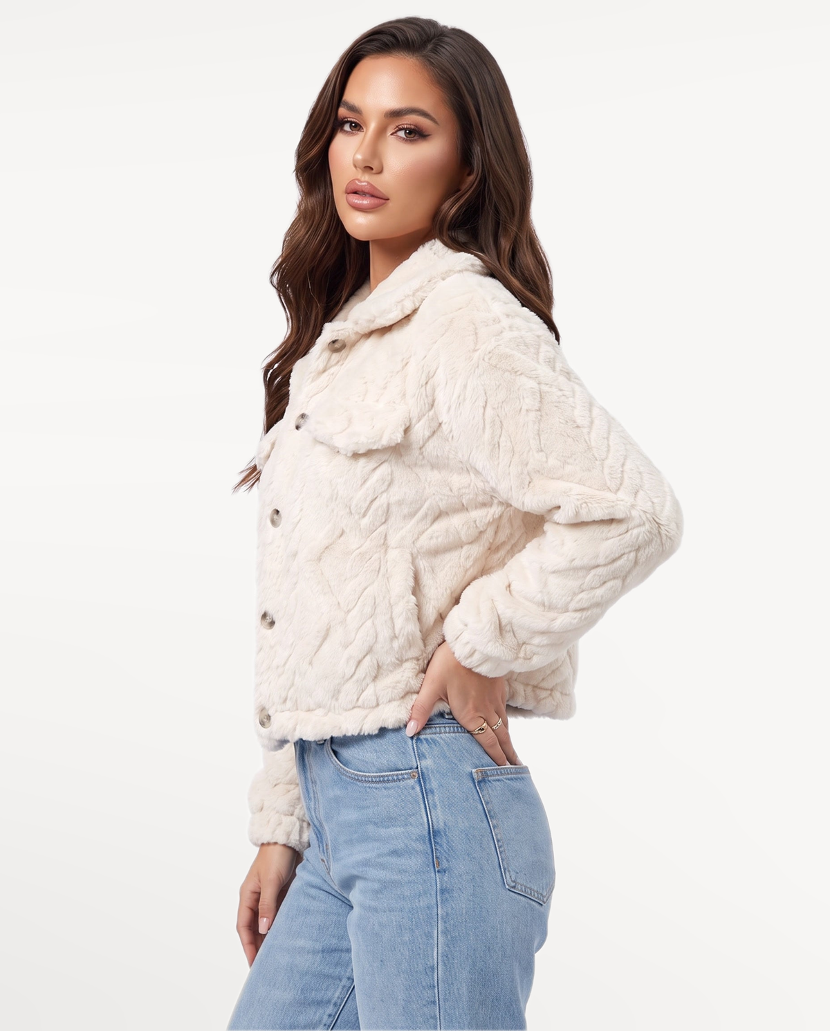 Ivy Plush Jacket in Beige – left side view | SKU: SOR-IVY-BEI-XS,SOR-IVY-BEI-S,SOR-IVY-BEI-M,SOR-IVY-BEI-L,SOR-IVY-BEI-XL