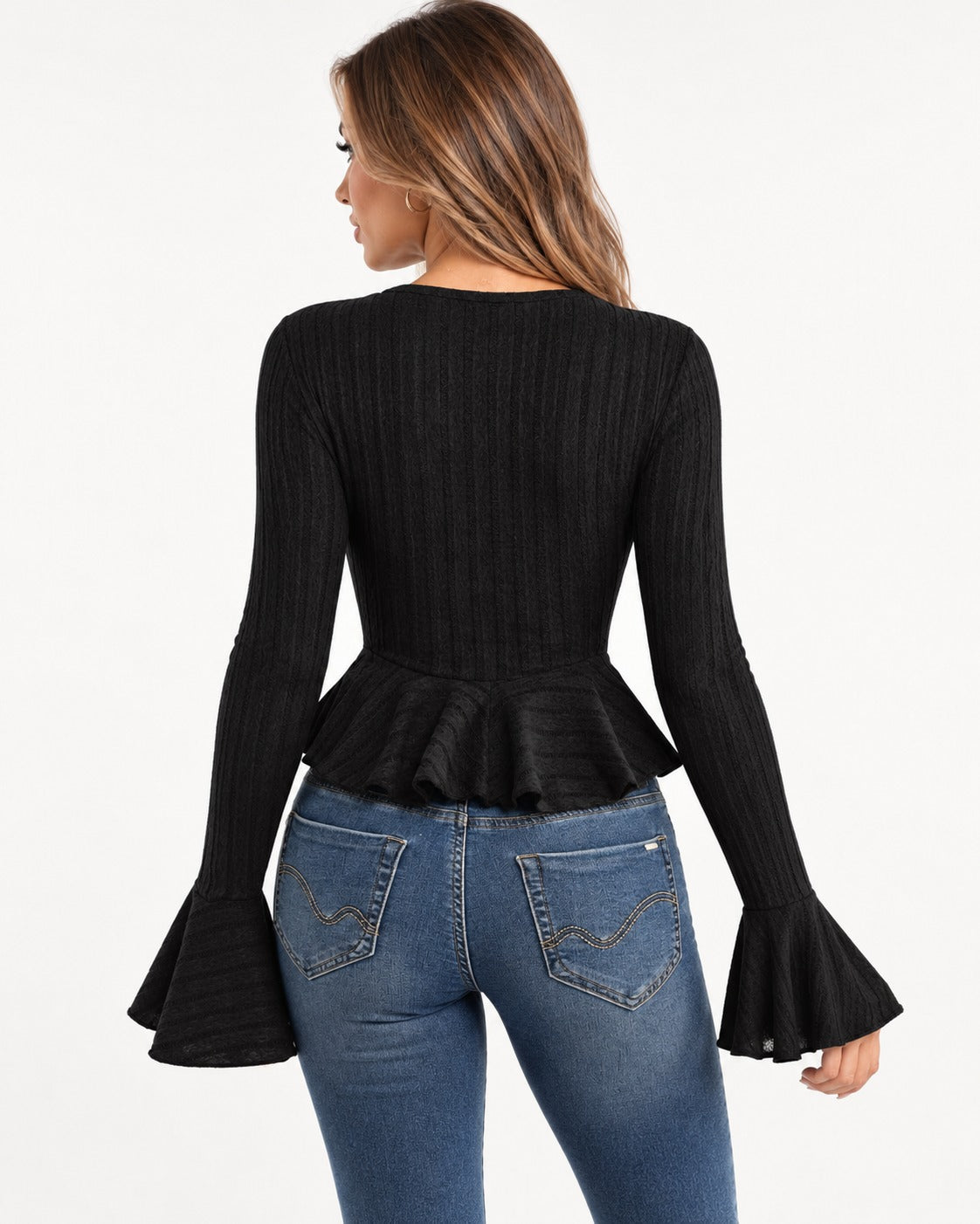 Kalinda Peplum Top in Black – back view | SKU: SOR-KAL-BLACK-XS,SOR-KAL-BLACK-S,SOR-KAL-BLACK-M,SOR-KAL-BLACK-L,SOR-KAL-BLACK-XL