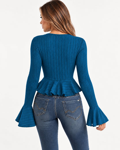 Kalinda Peplum Top in Blue – back view | SKU: SOR-KAL-BLUE-XS,SOR-KAL-BLUE-S,SOR-KAL-BLUE-M,SOR-KAL-BLUE-L,SOR-KAL-BLUE-XL