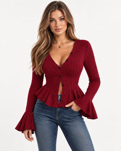 Kalinda Peplum Top in Wine red – front view