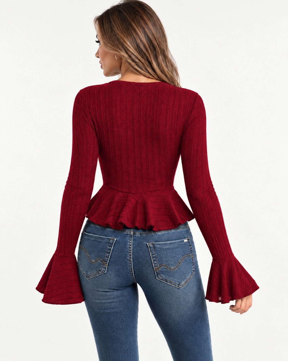 Kalinda Peplum Top in Wine red – back view | SKU: SOR-KAL-WINERED-XS,SOR-KAL-WINERED-S,SOR-KAL-WINERED-M,SOR-KAL-WINERED-L,SOR-KAL-WINERED-XL