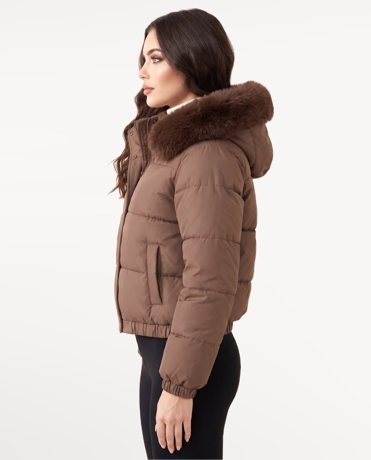 Kira Puffer in Coffee – left side view | SKU: SOR-KIR-COFFEE-XS,SOR-KIR-COFFEE-S,SOR-KIR-COFFEE-M,SOR-KIR-COFFEE-L,SOR-KIR-COFFEE-XL