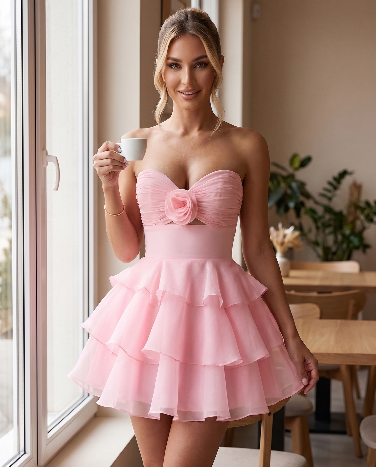 Rosette Mini Dress in Pink — cafe lifestyle | SKU: SOR-ROSETTE-PNK-XS,SOR-ROSETTE-PNK-S,SOR-ROSETTE-PNK-M,SOR-ROSETTE-PNK-L,SOR-ROSETTE-PNK-XL