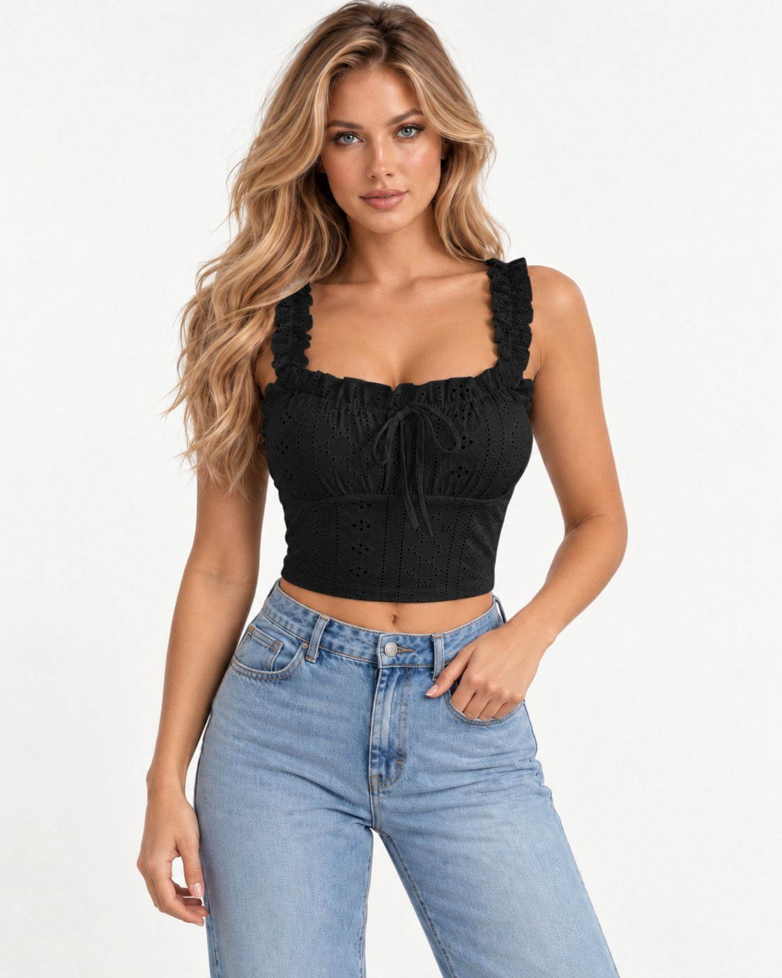 Liora Eyelet Top in Black – front view